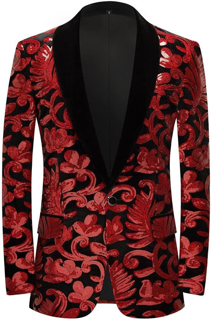 Men Fashion Velvet Sequins Floral Pattern Suit Jacket Blazer (Medium, Red)