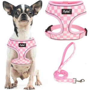 PUPTECK Soft Mesh Dog Harness and Leash Set Pet Puppy Cat Comfort Padded Vest No Pull Harnesses, Checkered Pink&White, S (S (NECK: 12", CHEST: 14"-18")) PUPTECK Soft Mesh Dog Harness and Leash Set Pet Puppy Cat Comfort Padded Vest No Pull Harnesses, Checkered Pink&White, S (S (NECK: 12", CHEST: 14"-18"))