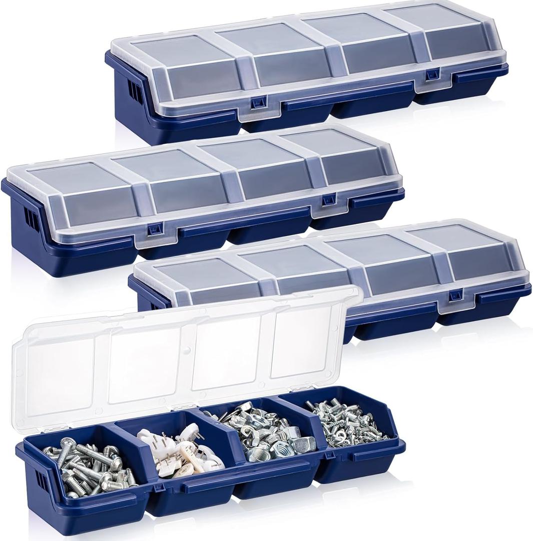 Hushee 4 Pcs Screw Organizer Box with Lid 4 Compartments Tool Bin Divider Plastic Stackable Hardware Organizer Small Part Storage Sorting Screw Box for Garage Workbench Craft Storage (Blue)