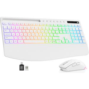 Trueque Wireless Keyboard and Mouse Combo, 4000mAh Rechargeable Backlit Keyboard with Wrist Rest & Phone Holder, Full Size Quiet Typing 2.4G USB-A/Type-C for PC Laptop Windows Mac (White)