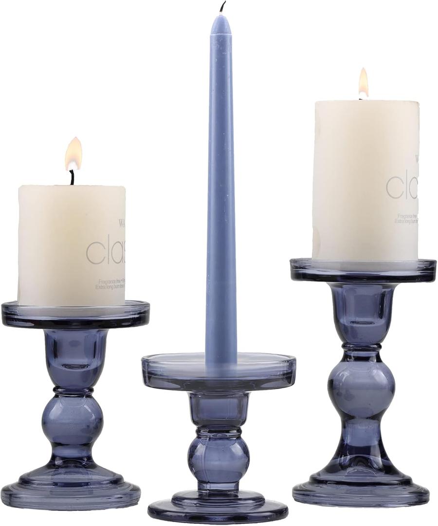 GMWD 3 Pcs Glass Candle Holder Set Clear, Blue Candlesticks Holders Pillar Taper Candles Tealight Stand for Wedding Centerpieces Home Decorations Dining Table