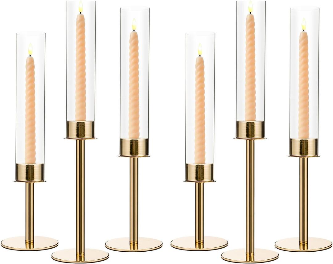 VINCIGANT 6PCS Gold Candle Sticks Holder in Wedding Centerpieces for Tables, Metal Candlesticks Sticks Holder with Acrylic lampshade for Parties, Halloween, Christmas, and Wedding Decorations