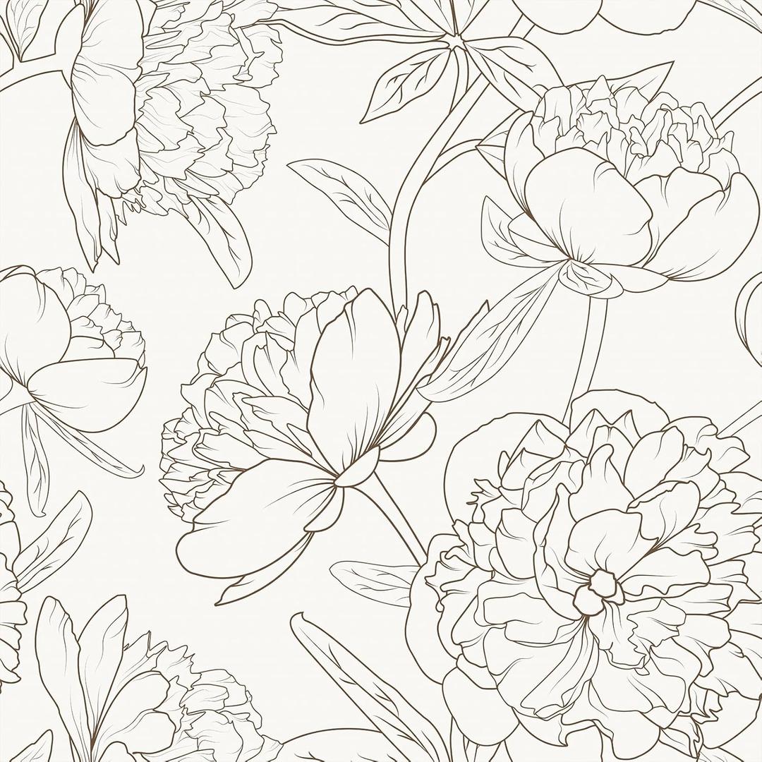 VEELIKE Sketch Floral Peel and Stick Wallpaper Boho Peonies Floral Wallpaper for Bedroom Bathroom 17.7''x118'' Vintage Beige Flower Wall Mural Self Adhesive Removable Contact Paper for Walls Cabinets
