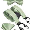 Hi-Tie Mens Suspenders Pre-Tied Bow Tie Set with Pocket Square Strong Adjustable 6 Clips Y Back Mens Trouser Braces