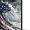 American Flag Canvas Wall Art, 4th of July Patriotic Poster Print, USA Flag Ocean Waves Abstract Picture, Modern Independence Day Wall Decor for Bedroom Living Room 16x24in Unframed