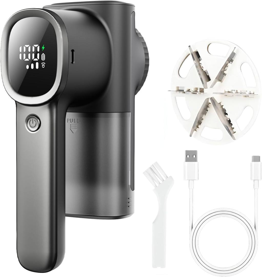 Rechargeable Fabric Shaver & Lint Remover, Electric Sweater Defuzzer with 3 Speeds, 6 Leaf Blades, LED Display & Type-C Fast Charging, Lint Shaver for Clothes, Furniture, Sweater, Couch