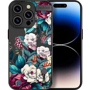 IWONE Compatible for iPhone 15 Pro Case Cute with Stand/Shockproof Drop Protection Slim Strap Kickstand Phone Cover for Women Girls/Large Flower Floral