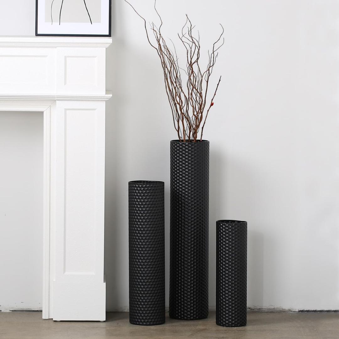 Dnnnii Tall Floor Vases Set of 3 - Black Metal Cylinder Vases for Living Room Corner, Modern Honeycomb Texture, Extra Large Standing Decor (Tallest 27.6in, Home Bedroom Dining Decor)