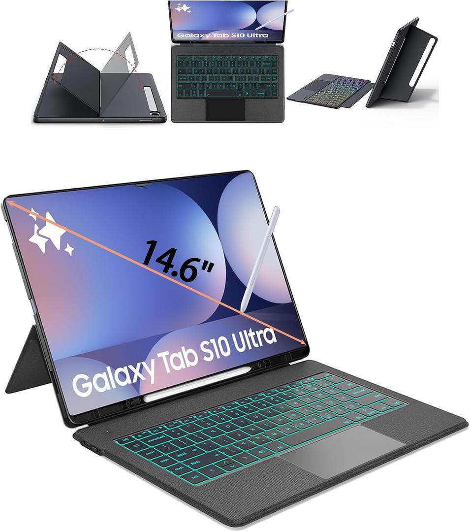 for Samsung Galaxy Tab S10 Ultra Keyboard Case 14.6", S Pen Holder, 7 Color Backlit Keyboard with Trackpad Detachable Sleeve Cover with Adjustable Viewing Angle Stand for Tablet S9 Ultra