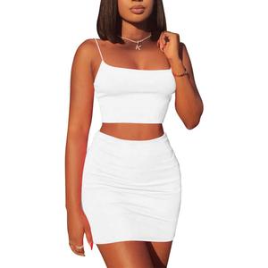 Kaximil Women's Summer 2 Piece Outfits Cami Crop Top Bodycon Skirt Mini Club Dress (Large, White)