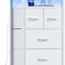 Furnulem 4 Drawer Dresser with Led Light and Charging Station, White Night Stand with Storage Shelf and Fabric & PVC Drawer, 33 Inch Bedside Table, Tall Nightstand for Entryway, Bedroom Furniture
