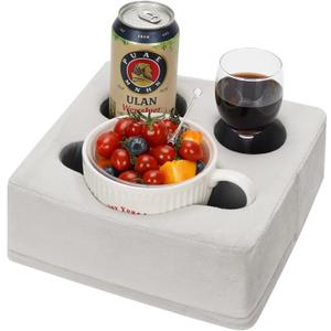 G GOOD GAIN Couch Cup Holder Pillow, Spill-Proof Sofa Drink Cup Holder & Multi-Use Organizer for Sofa, Bed, Car, Beach - Holds Mugs, Phone, Snacks, Remote Control, KeepTemp Design (LightGrey) (9.5 x 9.5 inches)