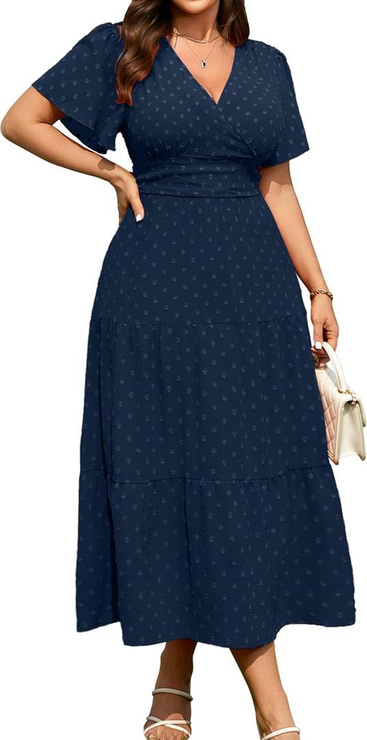 RWJ Women's Plus Size Wrap V Neck Dress Summer Short Sleeve Swiss Dot Empire Waist Casual Holiday Wedding Maxi Dresses, Navy Blue, L