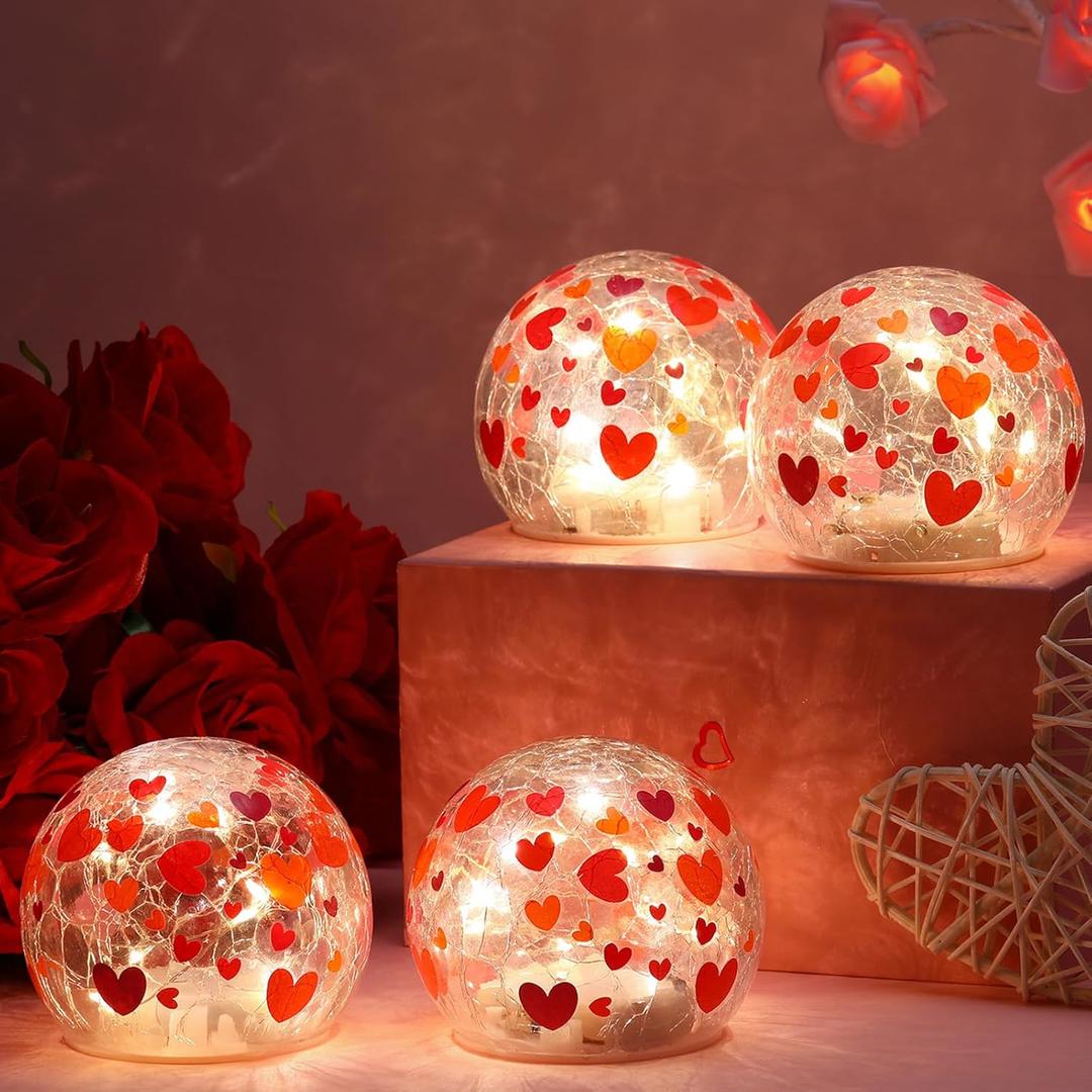 4 Pcs Valentine Lighted Decorative Glass Ball 3.9 Inch Heart Crackle LED Lights for Garden Glass Globe LED Lamp Battery Operated for Outdoor Indoor Party Decoration Gift (red, pink)