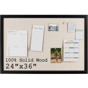 Bulletin Board Cork Board with Linen, 100% Wood Framed 24" x 36" Bulletin Board Decorations, Pin Boards for Walls, Wall Mounted Fabric Picture Board with 10 Pushpins for School, Home & Office, Black