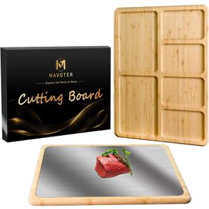 2 in 1 Double Sided Titanium Cutting Board & Bamboo Food Serving Charcuterie Cheese Board with Compartments, Stainless Steel Chopping Board Kitchen Serving Tray for Meat, Veggies,Snacks 17*11.8*0.8"