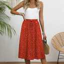 MLXSJ Women's Midi Skirt Summer Pleated Flowy Elastic High Waisted Skirts with Pockets (Red, M)