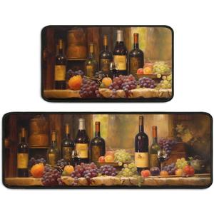 2 Piece Red Wine Kitchen Rug Set, Wine Glasses Kitchen Rugs and Mats Non Skid Washable Absorbent Microfiber Kitchen Floor Decor Mat 17"x47"+17"x30"
