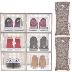 HomeBuddy Shoe Organizer Box - 6 Pack Shoe Box, Stackable Sneaker Storage, Sturdy Shoe Containers with Back Ventilation, Clear Shoe Boxes - Bamboo Charcoal Deodorizers Included