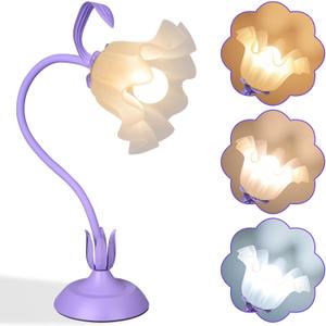 Vintage Flower Bedside Desk Lamp, 3 Color Modes with E26 Bulb, Small LED Unique Gooseneck Cute Table Lamp for Living Room, Modern Night Light for Kids Bedroom Decor, Girls Reading, Office, Purple