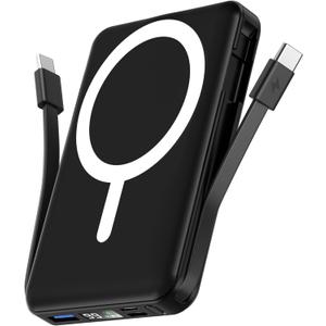 podoru for Magsafe Battery Pack, 10000mAh Magnetic Power Bank Built-in Double USB C Cables 22.5W PD Fast Charging LED Display Wireless Portable Charger for iPhone 17/16/15/14/13/12 Series-Black