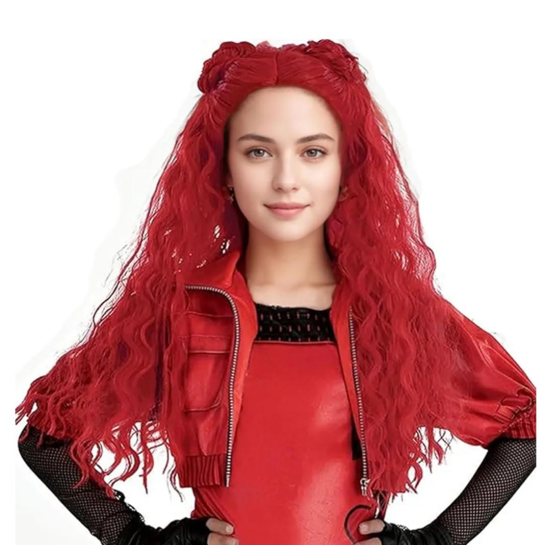 Tongtta Long Wavy Red Heat Resistant Synthetic Cosplay Wig with Braided Buns Halloween Costume Women Wig for Party (24 Inch)