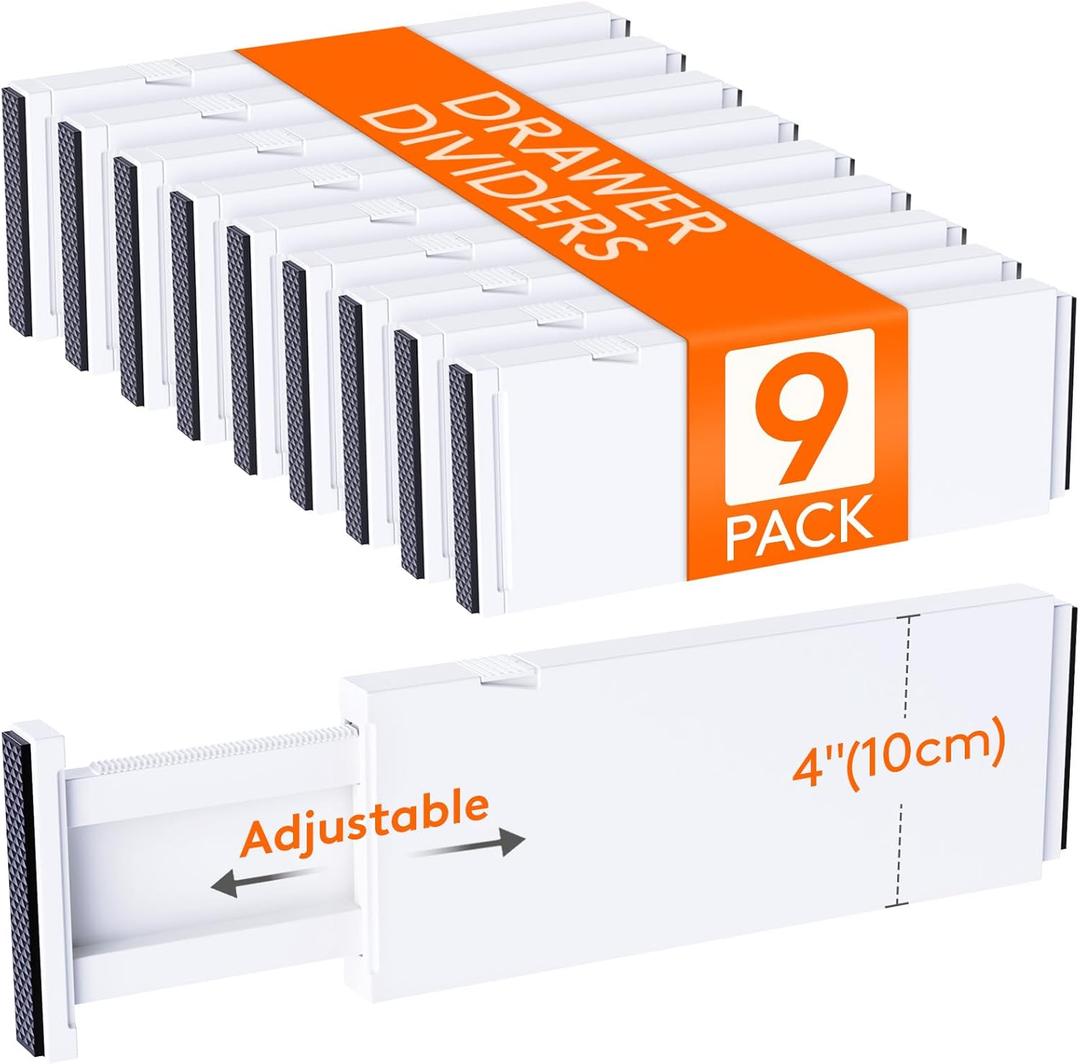 Lifewit 9 Pack Drawer Dividers 4" High, 11-17" Adjustable Drawer Organizers for Clothes, Expandable Dresser Separators in Bedroom/Bathroom/Kitchen/Fridge/Office Organization and Storage, White Lifewit 9 Pack Drawer Dividers 4" High, 11-17" Adjustable Drawer Organizers for Clothes, Expandable Dresser Separators in Bedroom/Bathroom/Kitchen/Fridge/Office Organization and Storage, White