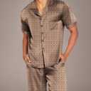 Ekouaer Men Satin Silk Pajamas Set with Pockets Sleepwear Shorts Satin Summer Loungewear 2 Piece Button Down Set S-3XL (Brown, L)