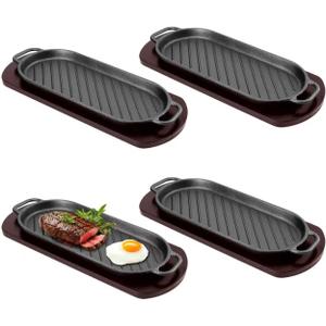 DVK Fajita Skillet Sizzling Plate with Wooden Base for Steak Plate Home Restaurant Kitchen Cooking (4PCS)