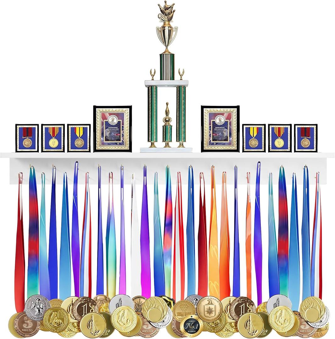 Defined Deco 3ft-Medal Awards Rack Ultimate Medal Hanger Display and Trophy Shelf,36" Wooden Trophy and Medal Display Shelf,for Medal Display,Plaques,Pictures,Trophies and More(White) Defined Deco 3ft-Medal Awards Rack Ultimate Medal Hanger Display and Trophy Shelf,36" Wooden Trophy and Medal Display Shelf,for Medal Display,Plaques,Pictures,Trophies and More(White)