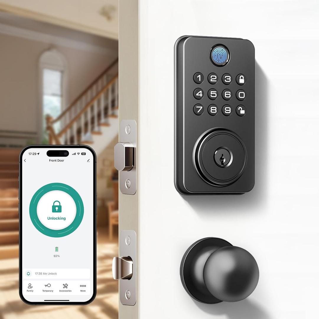 Fingerprint Door Lock with Knobs, Keyless Entry Deadbolt with Auto Lock, Keypad and App Support for Front Door and Bedroom, Easy to Install  N201