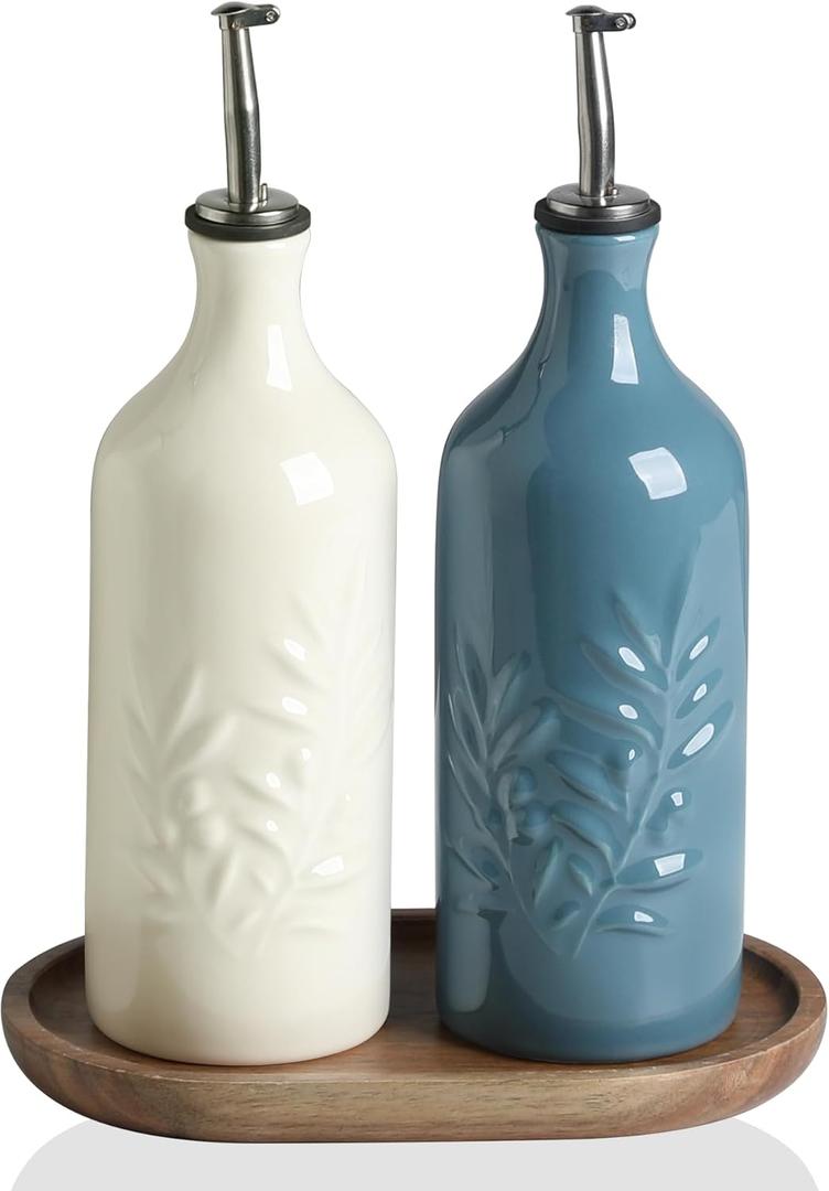Sweejar Ceramic Olive Oil Dispenser Bottle, 20 Oz Relief Opaque Oil Cruet Protects To Reduce Oxidation, Suitable for Storage Vinegar, Soy Sauce,Liquids,Set of 2 (BeigeFogblue)