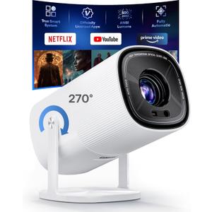 Built-in Officially-Licensed Apps & 500 ANSI Lumens & Full AutomaticBoldEver 2026 Upgraded Mini Smart Projector with WiFi 6 and Bluetooth, 270 Adjustable Stand, Movie Projector Indoors Outdoors (White)
