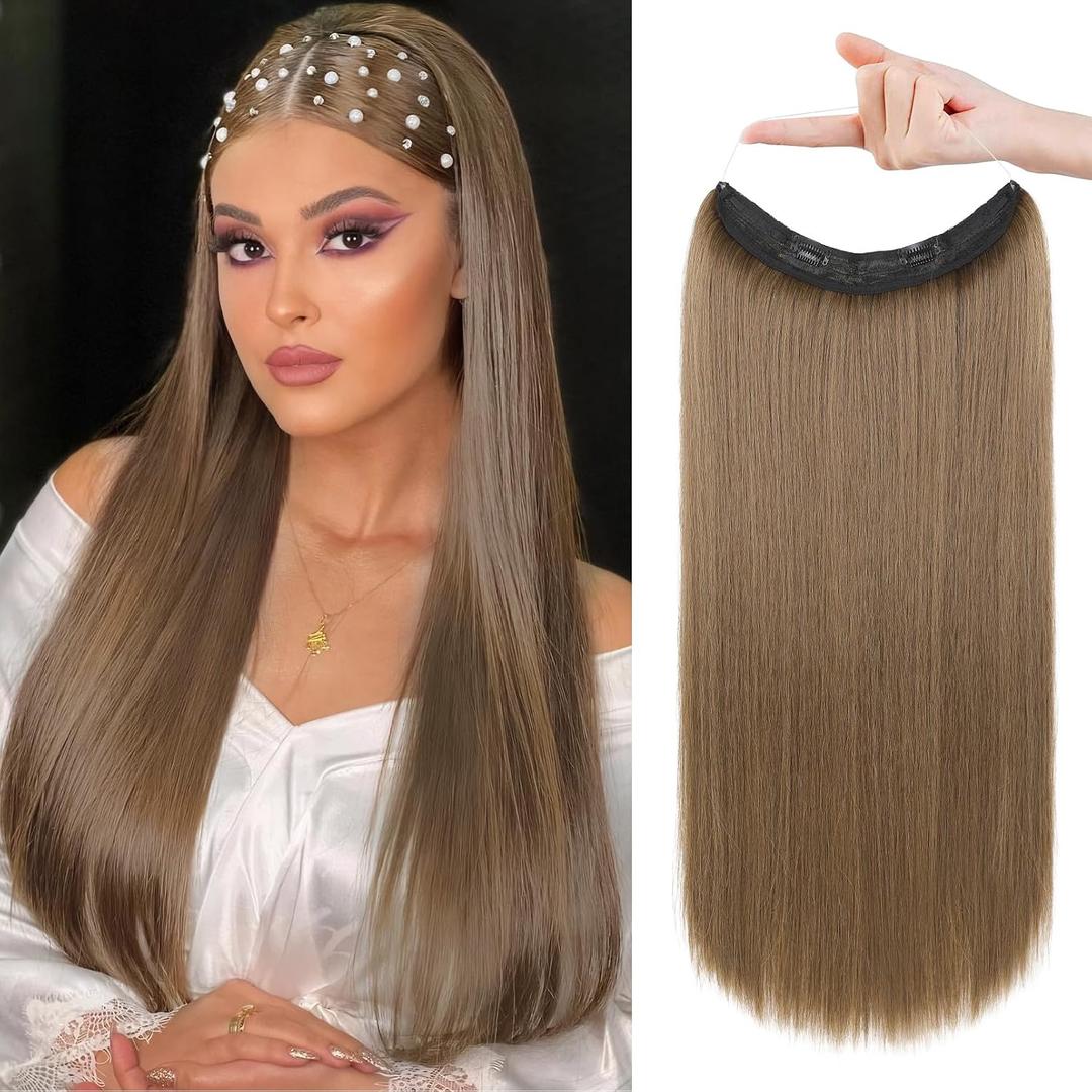 REECHO Invisible Wire Hair Extensions with Transparent Headband Adjustable Size Removable Secure Clips in Straight Secret Hairpiece for Women - 16 Inch,Light Brown