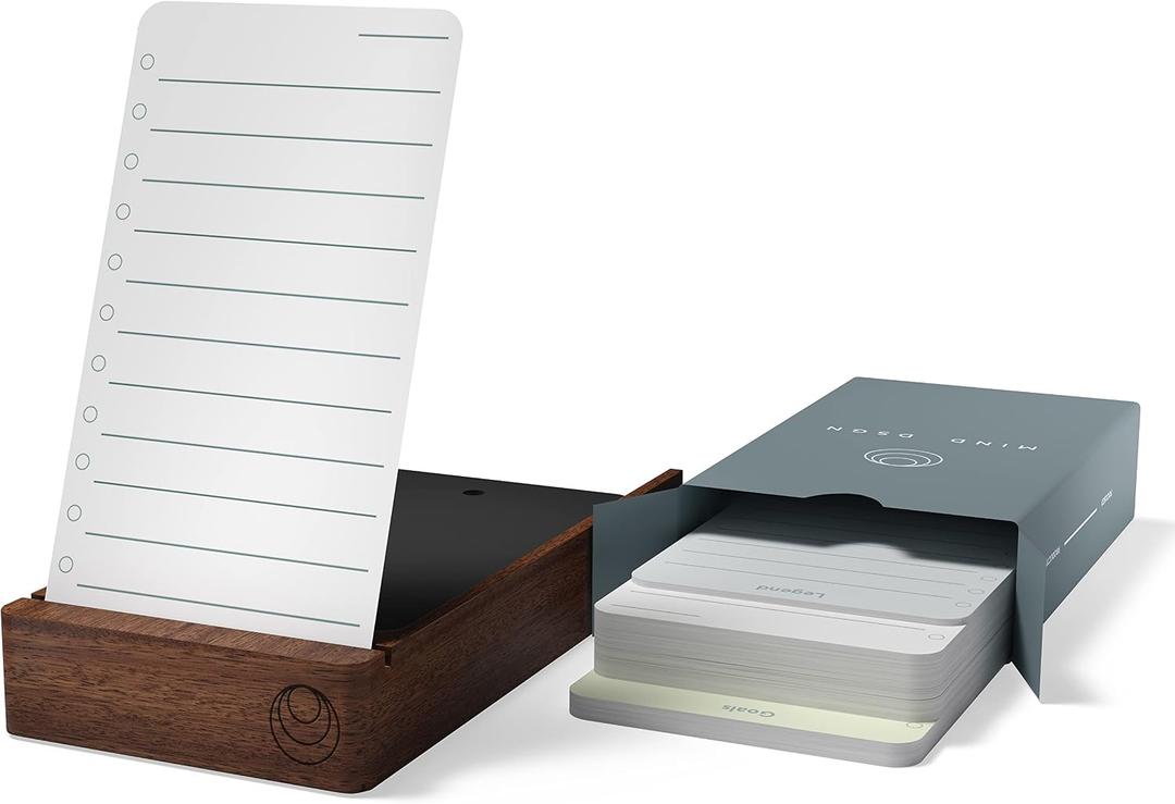 Undated Daily Planner To Do List Notepads and Walnut Stand - 120 Checklist Cards, 10 Goal Cards - Perfect Note Pads for Work Desk or School - ADHD Office Accessories - Productivity Task Analog