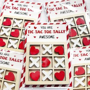 Valentines Day Cards for Kids School - 12 Pack Valentines Cards with Wooden Tic Tac Toe - Funny Valentine Exchange Gift for Boys Girls Toddler Classroom Party Favors