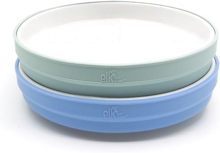 Elk and Friends Kids 7.8 Porcelain White Plates with Silicone Sleeves | Suitable for Babies/Toddlers | Microwave & Dishwasher Safe | Non Slip Dinnerware | Snack Dishes | 2 Pack (Sage/Misty Blue)