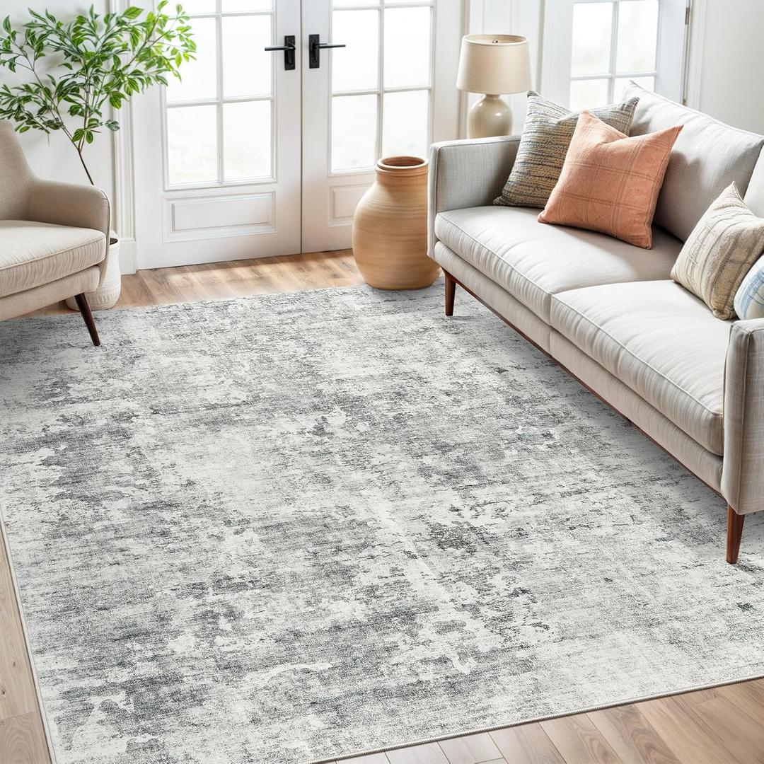 Abstract Rug 5x7 Machine Washable Area Indoor Grey White Low Pile Non-Slip Foldable Thin Accent Rugs for Bedroom Living Room Dining Room