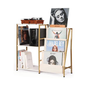 Stand for Record Player, 3 Tier Vinyl Record Storage with Now Playing Holder, Turntable Stand, Vinyl Display with Speaker Storage for Living Room, Gold White