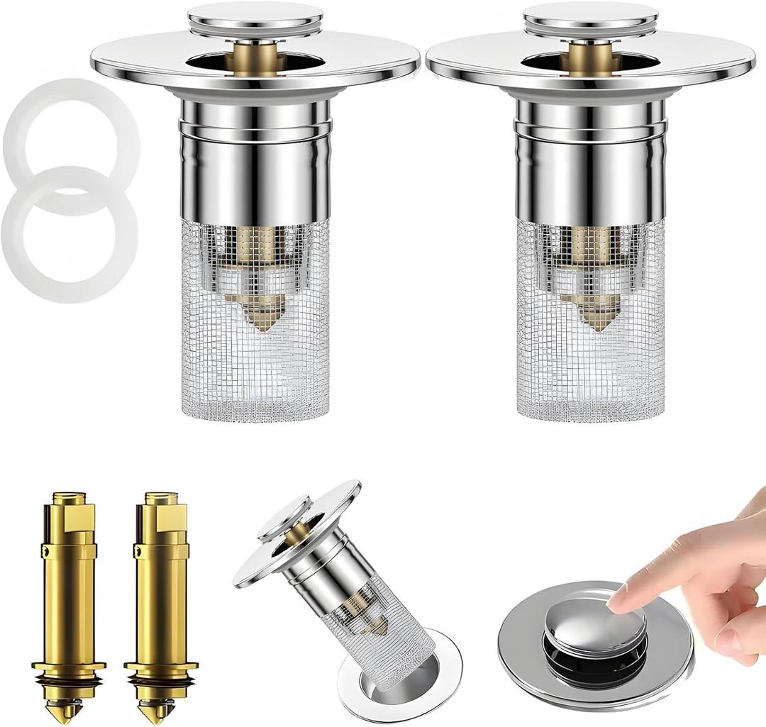 2Pcs Universal Bathroom Sink Stopper Pop Up Drain - 3 in 1 Removable Stainless Steel Strainer Hair Catcher, Brass Core Filter Basket for 1.1"-1.45" Sink BasinSilver
