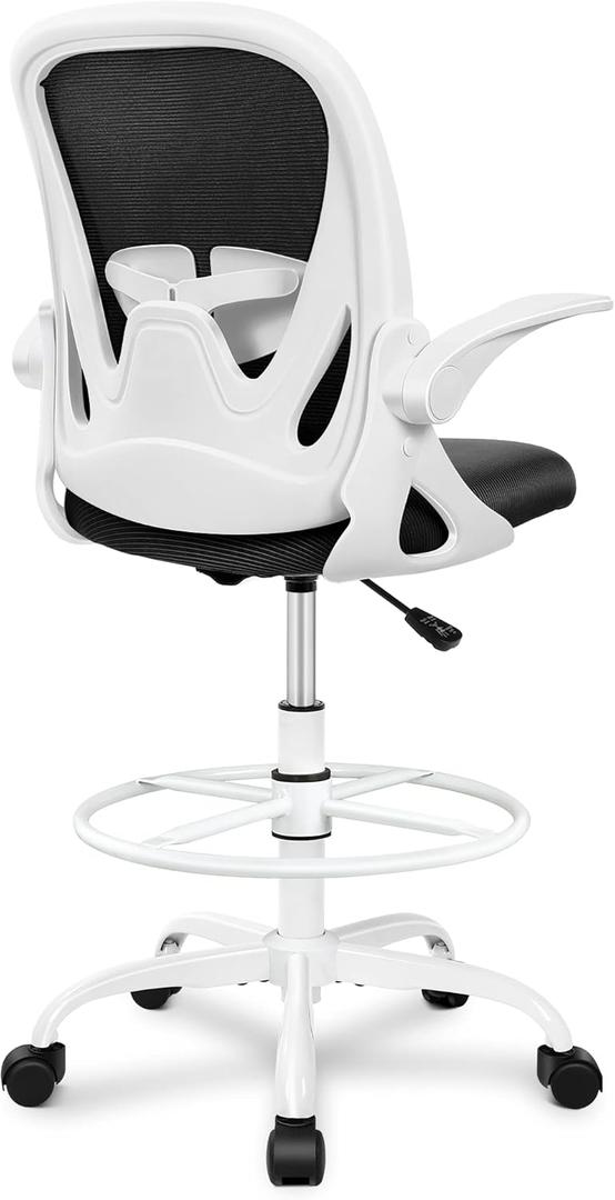 Primy Drafting Chair Tall Office Chair with Flip-up Armrests Executive Ergonomic Computer Standing Desk Chair with Lumbar Support and Adjustable Footrest Ring(White)