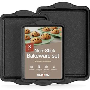 BAKKEN Cookie Sheets for Baking Nonstick Set - 3-Piece Stackable Carbon Steel Baking Sheet Pans Set with Silicone Handles, Non Toxic Cookie Sheets for Baking Bakeware Set - Gray Marble