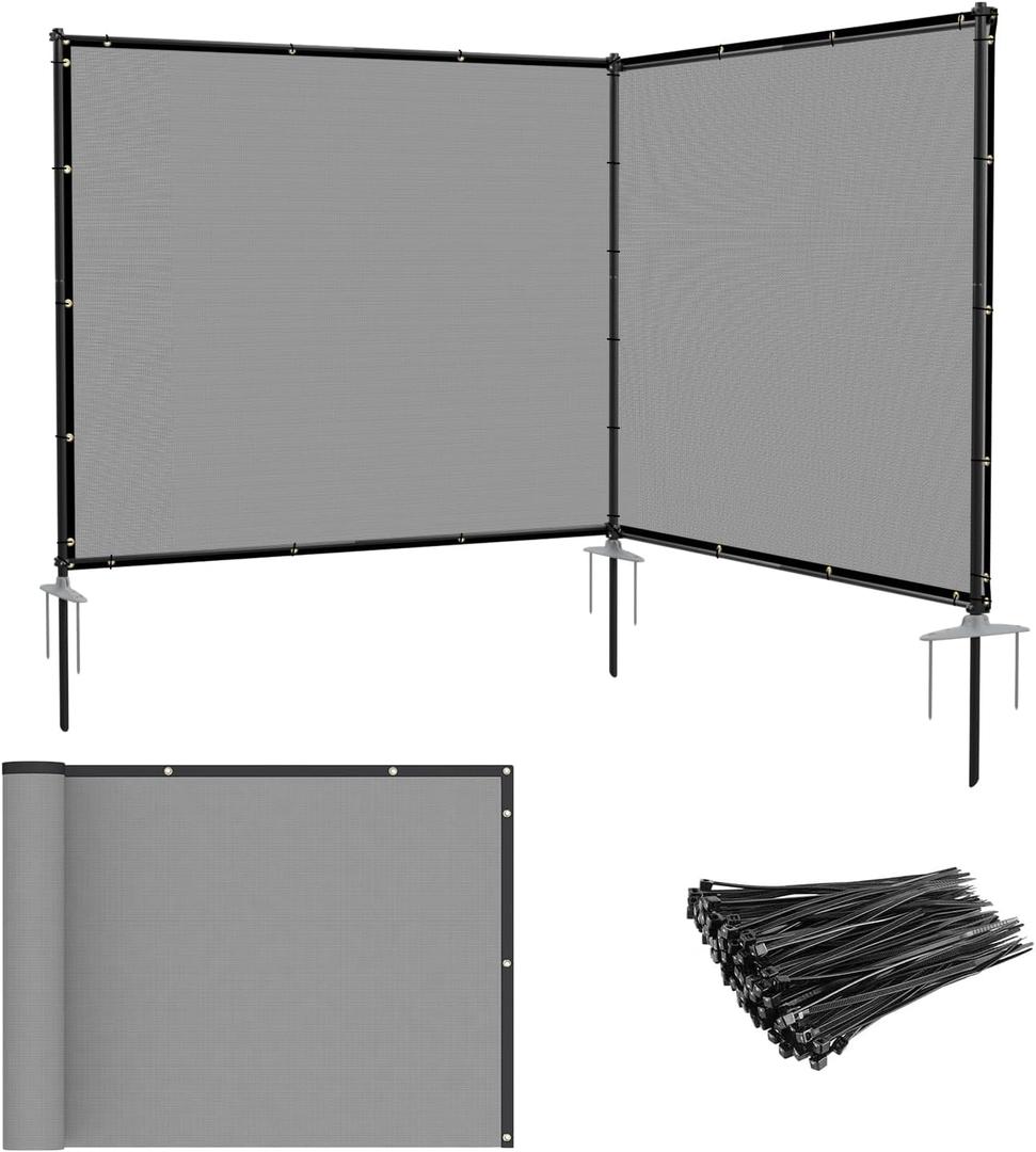 Patio 6' x 12' Outdoor Privacy Screen Freestanding Temporary Fence Panels Net Cover with Metal Poles for Outside Backyard Pool Garden Air Conditioner Fencing, Light Gray