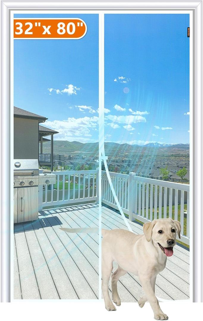 MAGZO Magnetic Screen Door Fit Door Size 32 x 80 Inch, Screen Size 34" x 81" Strong Magnet Door Mesh with Reinforced Hook & Loop for Patio Door, Sliding Door, White