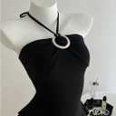Milumia Women's Sexy Ring Decor Halter Top Sleeveless Ruffle Hem Summer Casual Cami Tops (Black, S)