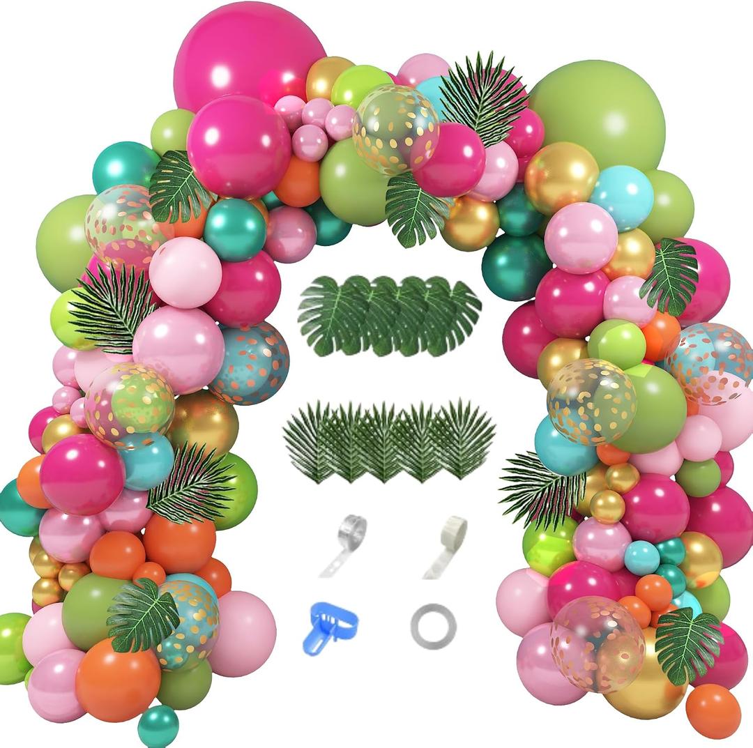 158Pcs Tropical Balloon Arch Garland Kit, Hawaiian Luau Aloha Flamingo Party Decorations Olive Green Hot Pink Orange Rose Gold Confetti Balloons Palm Leaves Birthday Baby Shower Summer Beach Supplies, 5-18 Inches