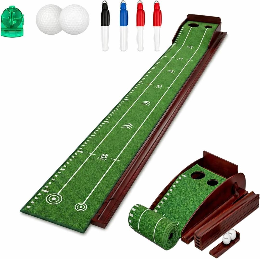 Putting Green Indoor with Automatic Ball Return Golf Putting Mat with Putter Holder, 2 Golf Balls, Marking Tool & Storage Portable Golf Training Aid & Gift for Men Home Office