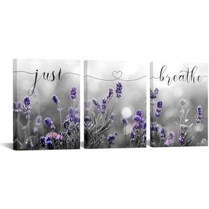 iKNOW FOTO 3 Pieces 'Just Breathe' Bedroom Wall Art - 12x16'' Each, Purple Lavender Pictures with Inspirational Quotes, Canvas Print Artwork for Bathroom, Bedroom, Yoga Zen Decor