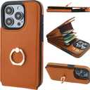 Folosu Compatible with iPhone 14 Pro Case Wallet with Card Holder, 360Rotation Finger Ring Holder Kickstand, RFID Blocking Leather Protective Double Buttons Shockproof Cover 6.1 Inch Brown