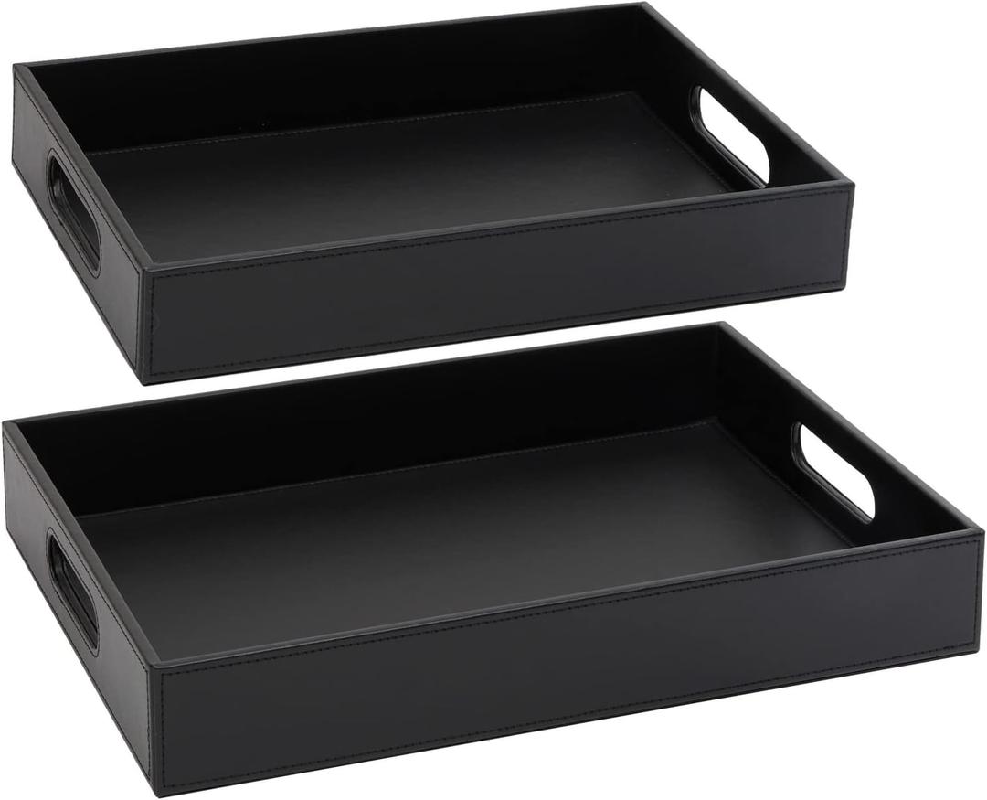 Juvale 2 Pack Slip-Resistant Black Wooden Nesting Serving Trays with Stitched Faux Leather and Handles for Coffee Table in 2 Sizes (13.8x9.9x2.3, 15.8x12x2.5 in) (Black)